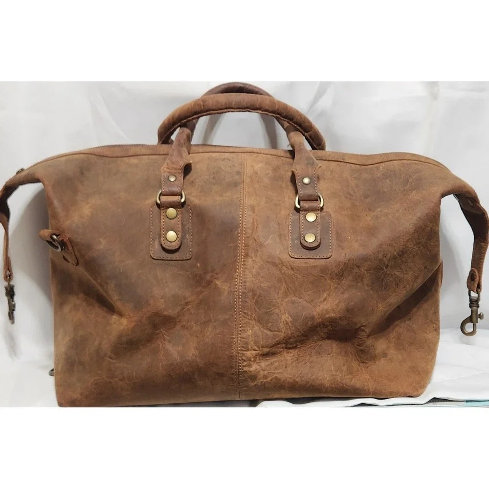 Wine Enthusiast Distressed Brown Leather Duffel Bag Weekend Brass Hardware READ!